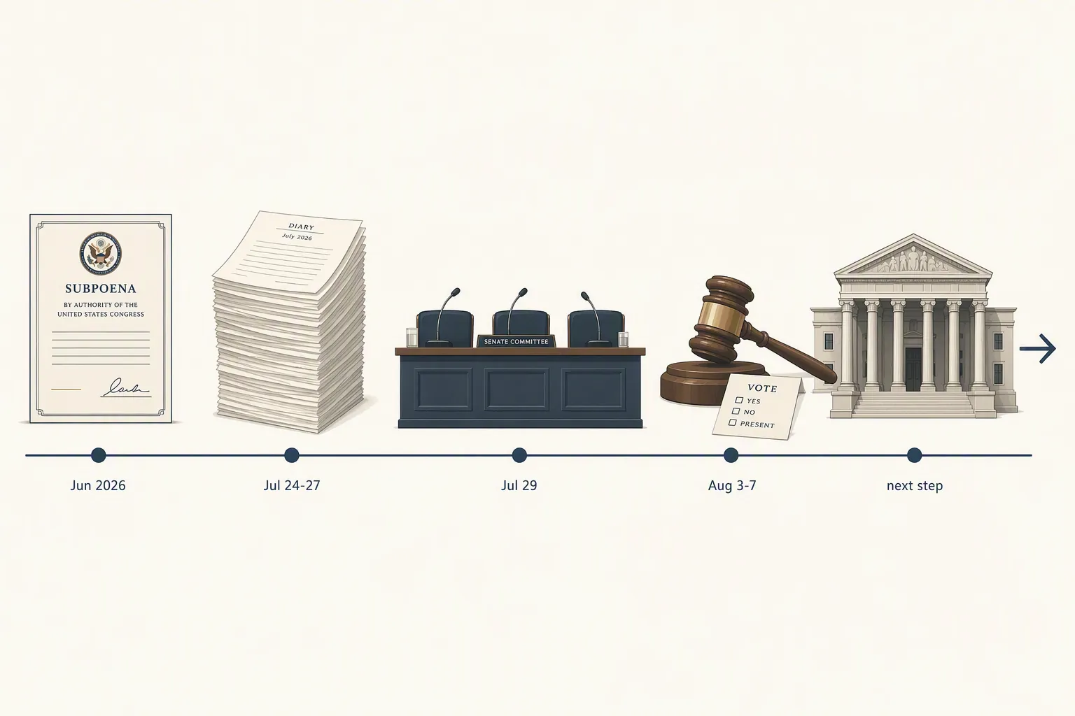 Timeline illustration of subpoena, diary release, hearing, contempt vote, and courthouse stages