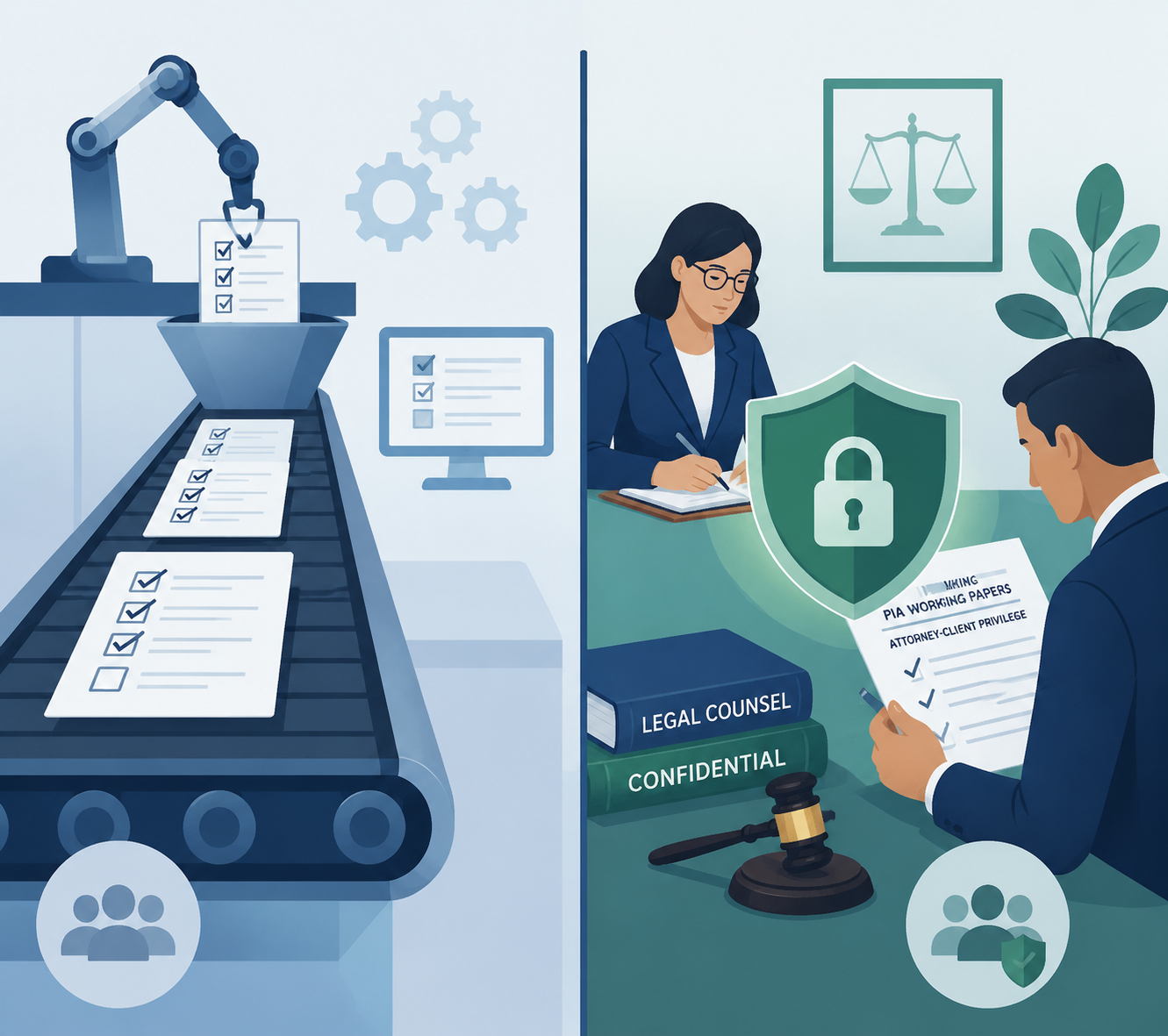 Illustration comparing an automated PIA questionnaire workflow with a legal counsel oversight workflow protected by privilege controls