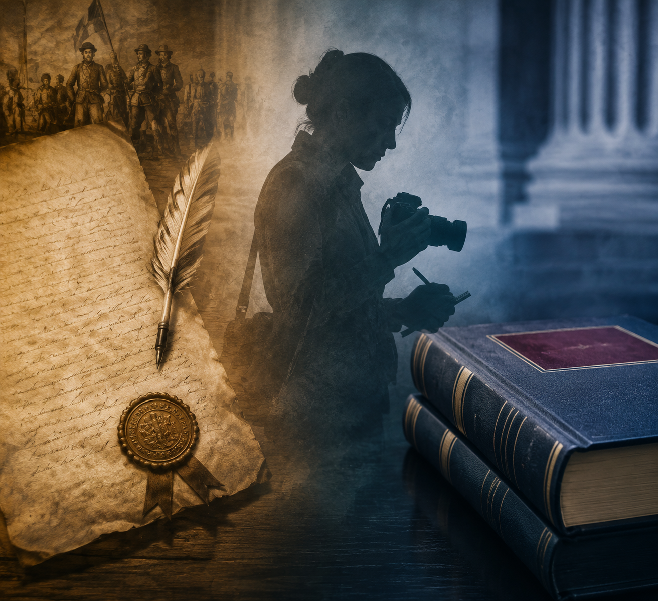 Split-tone illustration of Reconstruction-era legal parchment, a modern law book, and a journalist holding reporting tools