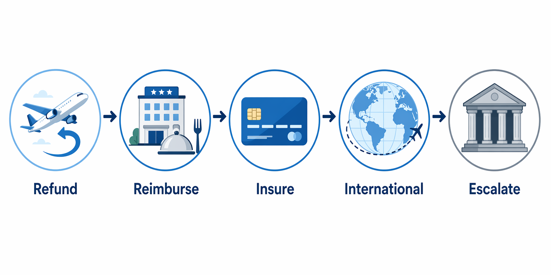 Decision flow showing refund, reimbursement, insurance, international, and escalation pathways