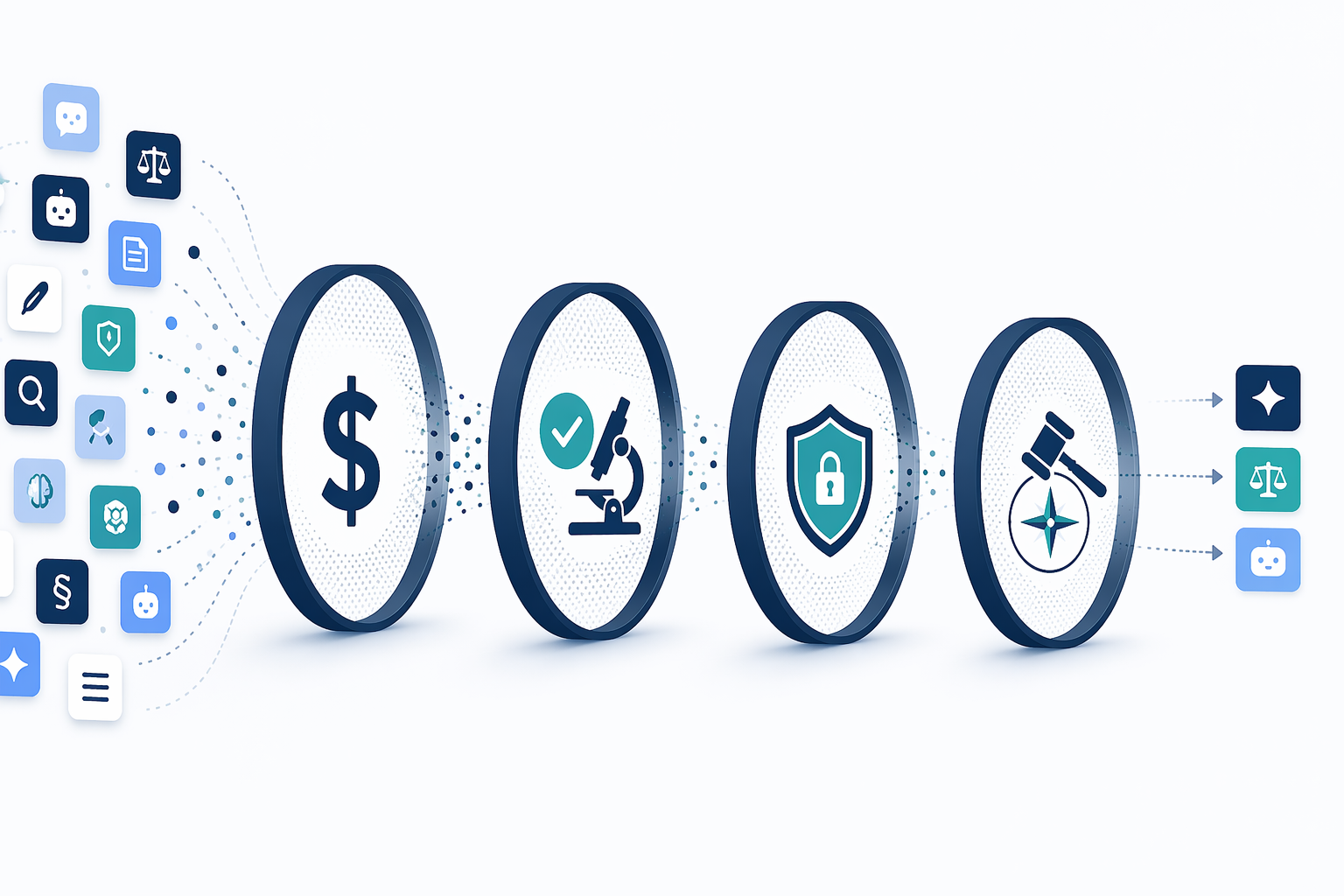 Filtering funnel showing many legal AI apps narrowing through price, accuracy, privacy, and jurisdiction checks