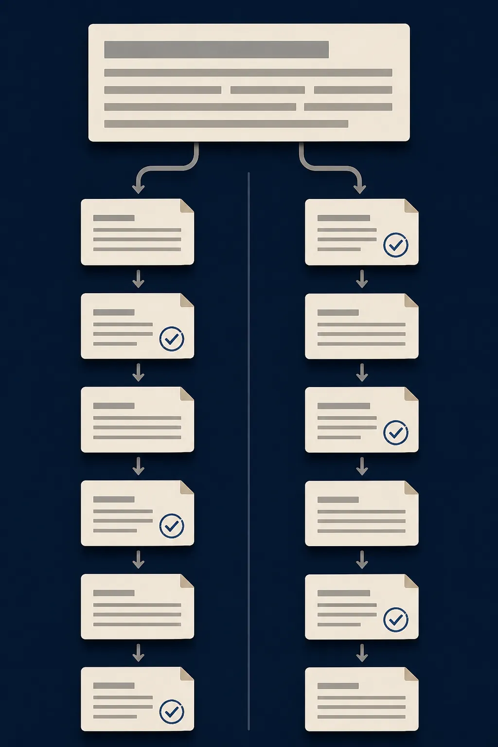 One news headline splitting into separate legal document tracks