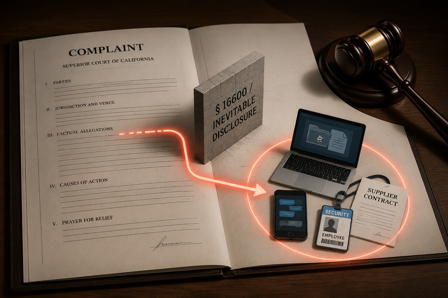 Legal complaint avoiding section 16600 and inevitable disclosure barriers by pointing to laptops, messages, credentials, and supplier records