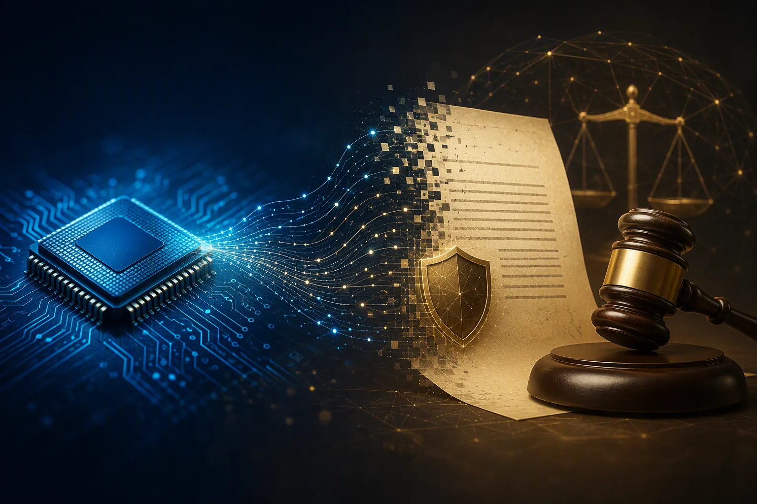 Glowing semiconductor chip connected to a legal contract and gavel, representing AI chip supply chain concentration and legal due diligence risk