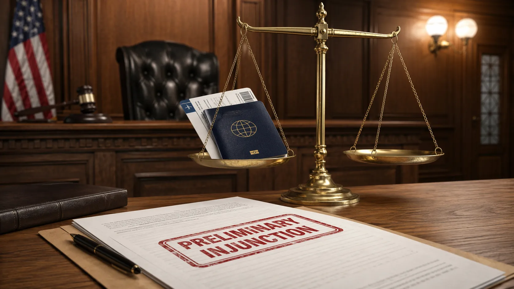 Courtroom desk with scales of justice, passport, travel documents, and a preliminary injunction document