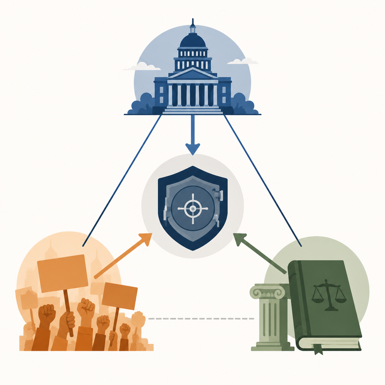 Three-way compliance dilemma with regulator, protest, and legal risk converging on a shield