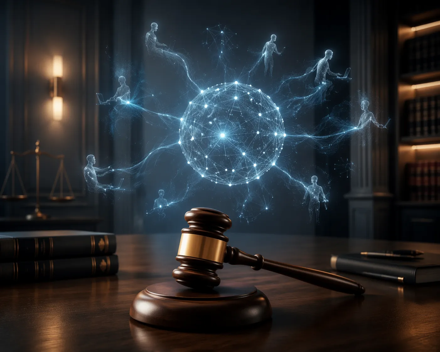 A gavel in a law office with a translucent neural network hovering behind it
