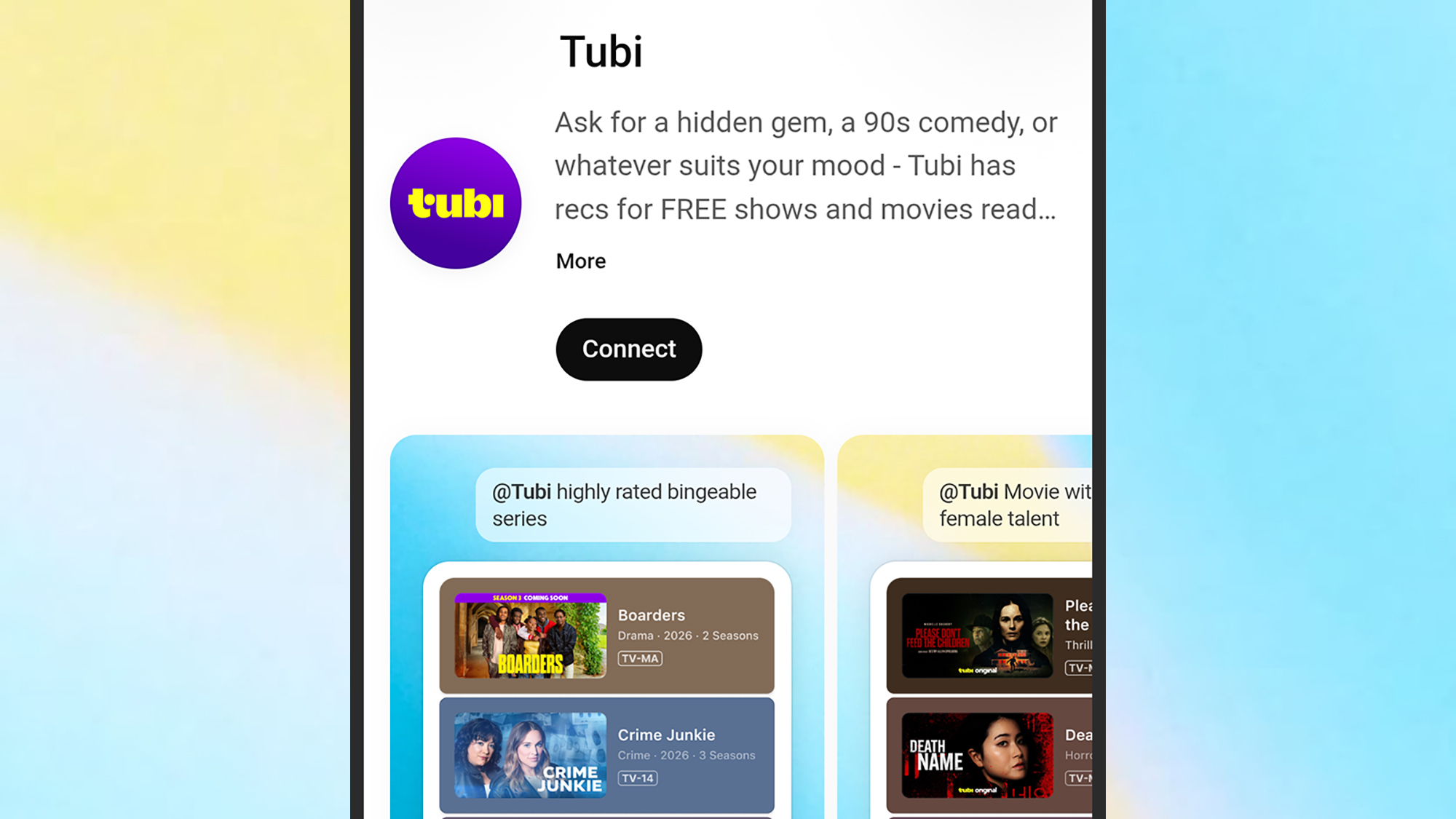 ChatGPT conversation showing a user making natural-language movie requests with @Tubi