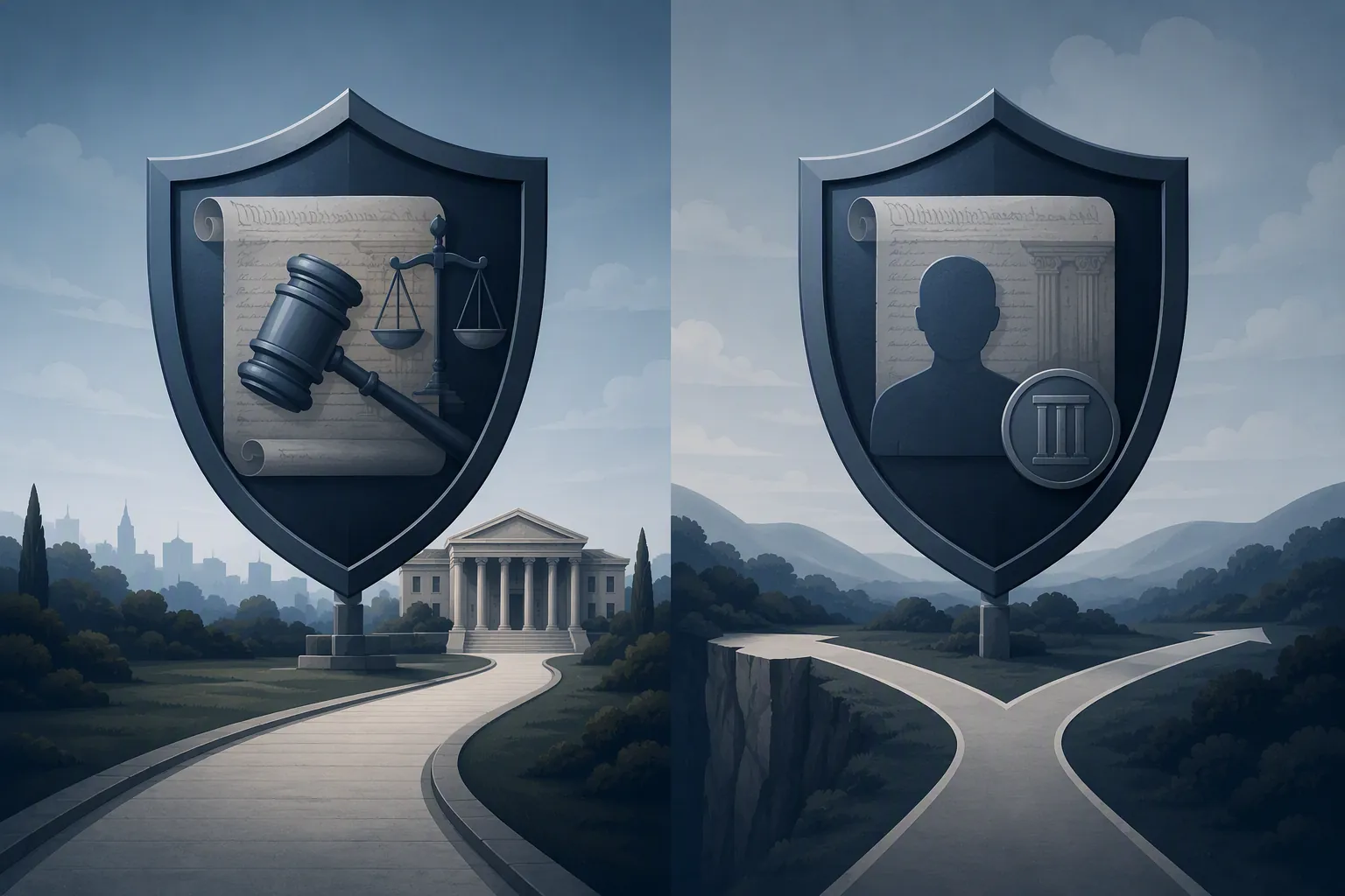 Two legal shields comparing executive privilege and Fifth Amendment rights along different paths toward court