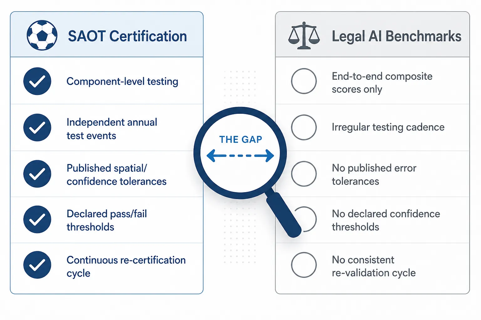 Comparison chart showing SAOT certification attributes beside legal AI benchmark gaps
