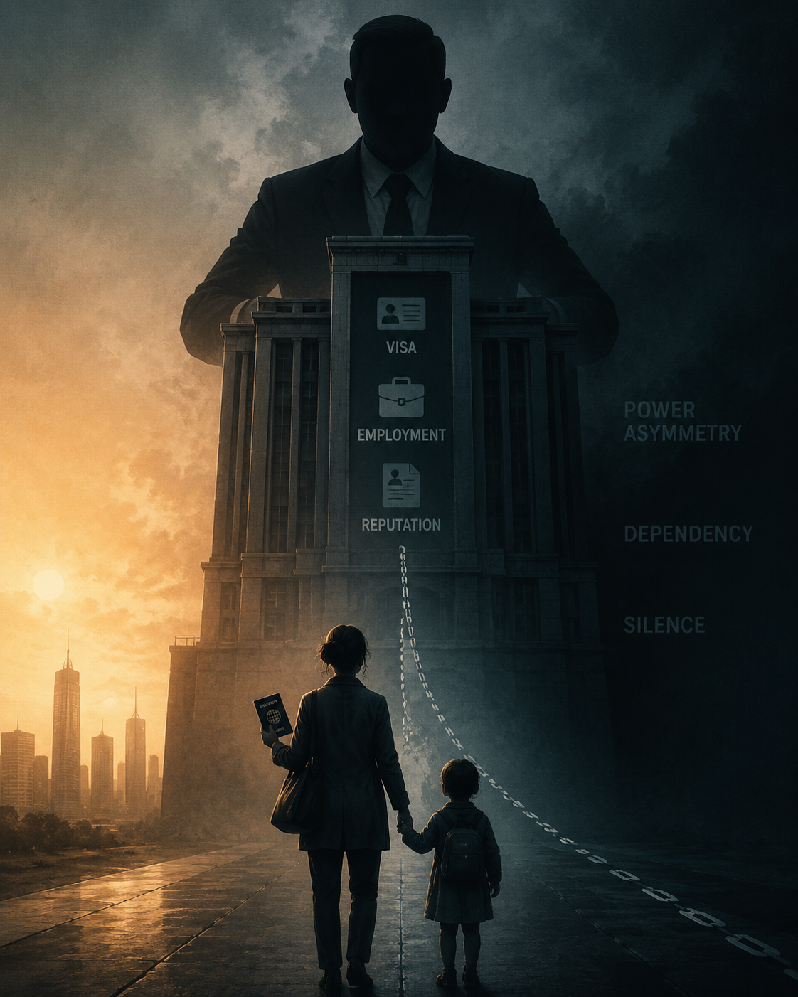 A small woman holding a passport and a child’s hand stands before a looming institutional building and shadowed superior figure