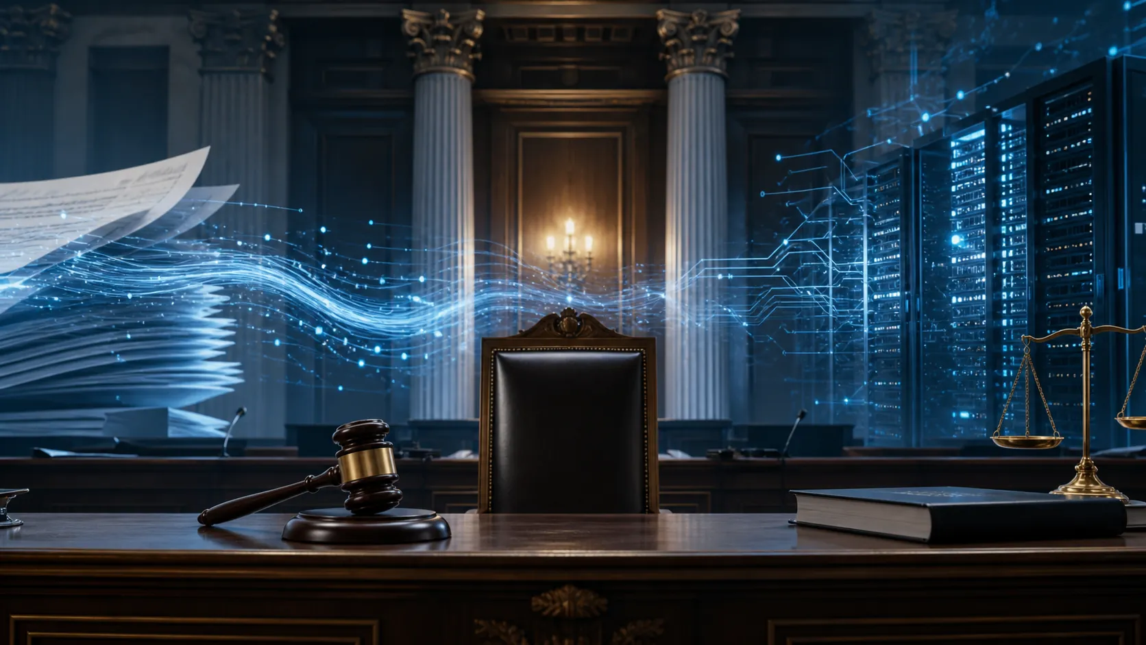 Courthouse chamber with legal documents and digital data streams representing AI litigation