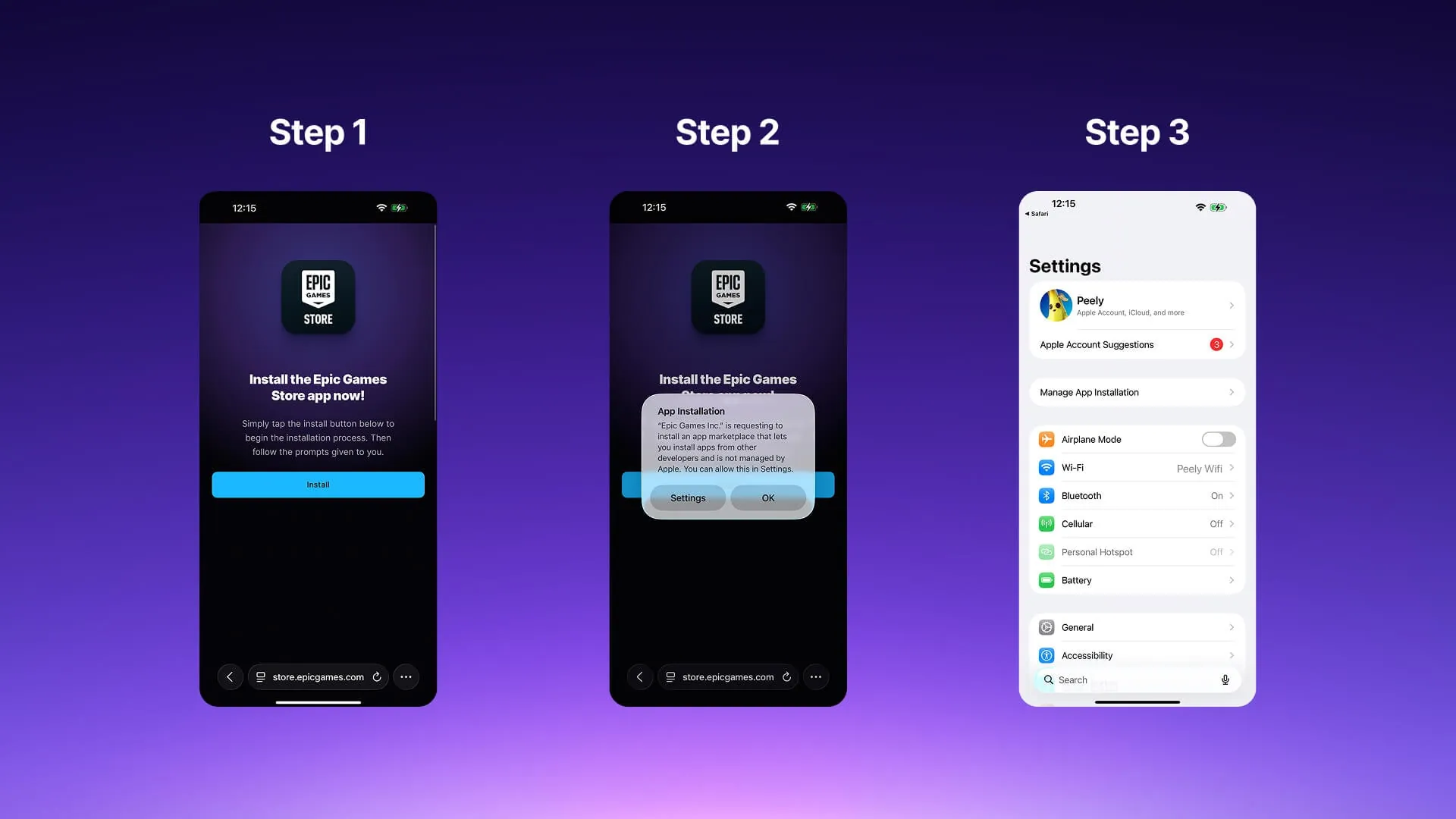 Epic Games graphic showing sequential iPhone screens for installing the Epic Games Store in Brazil