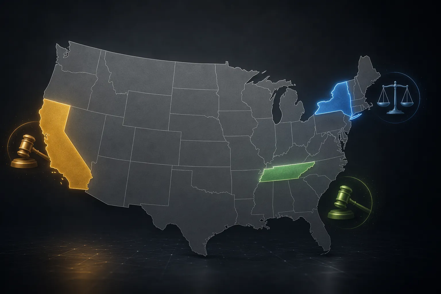 Map of the United States highlighting California, New York, and Tennessee as separate digital replica law jurisdictions