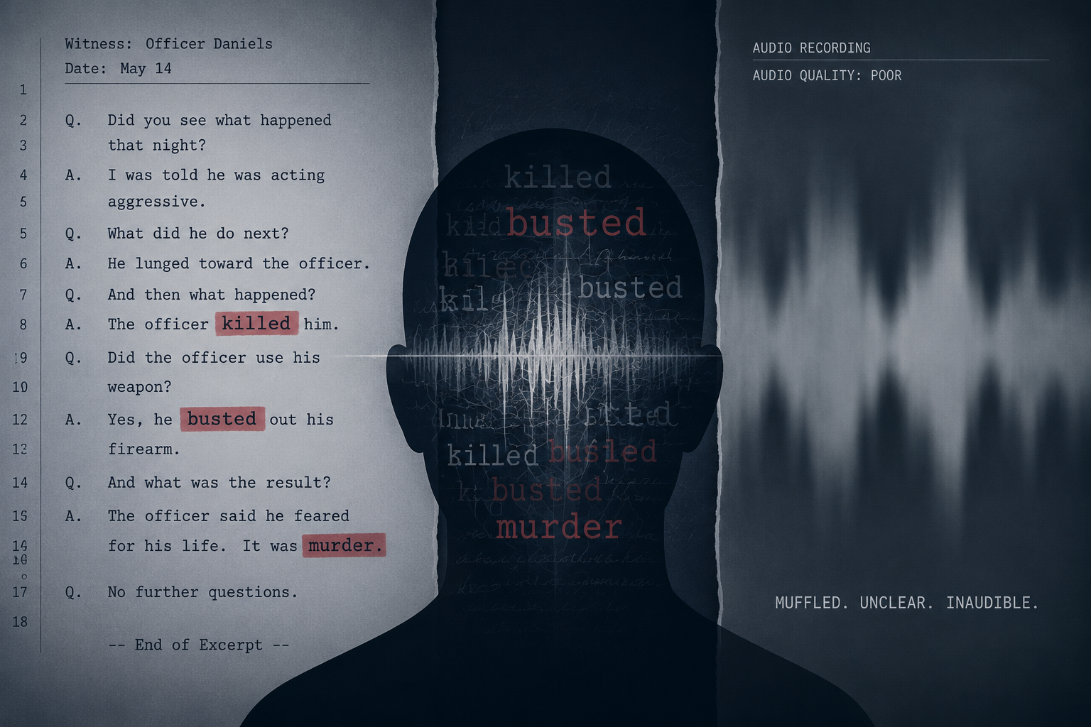 Conceptual image of highlighted transcript words beside a blurred audio waveform representing transcript-induced cognitive bias