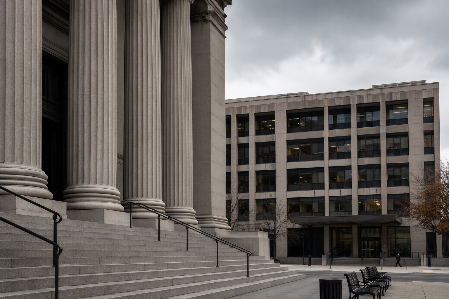 Federal courthouse and Social Security Administration office building under overcast daylight