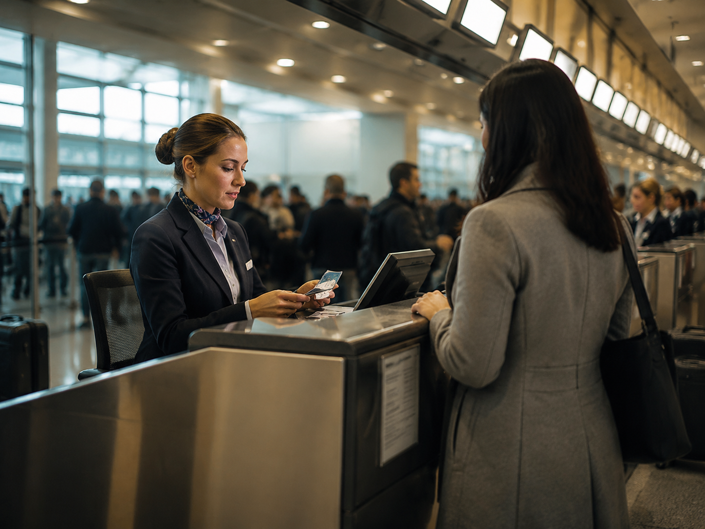 Airline ticketing counter with a uniformed employee facing a passenger across the service counter