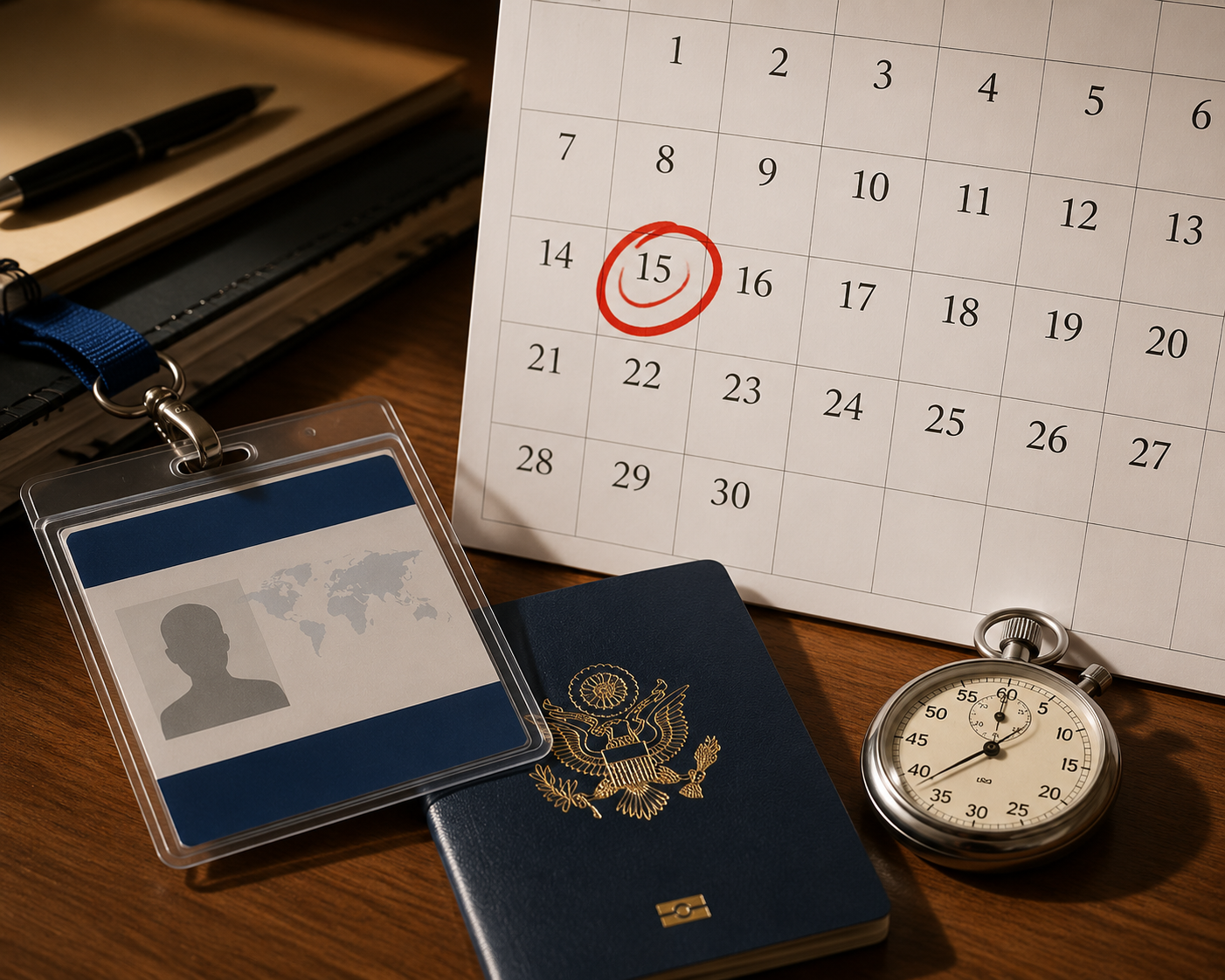 Press pass, US passport, calendar with September 15 circled, and stopwatch on a desk