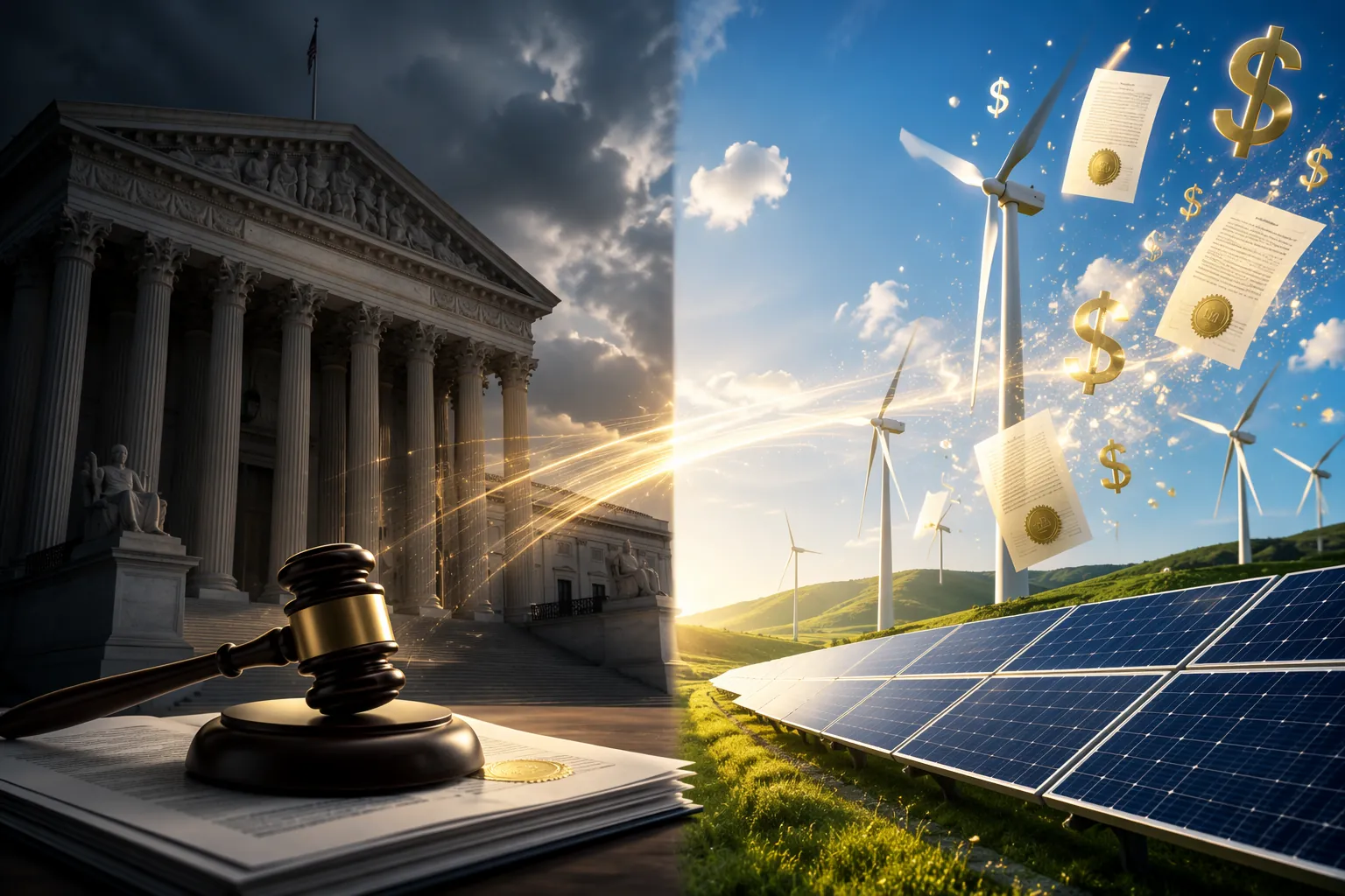 Federal courthouse and clean energy landscape connected by legal and funding documents