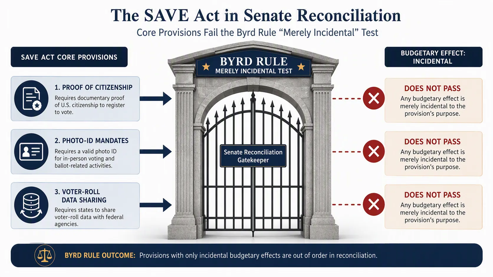 Proof-of-citizenship, photo-ID, and voter-roll data sharing provisions blocked by a Byrd Rule merely incidental test gate