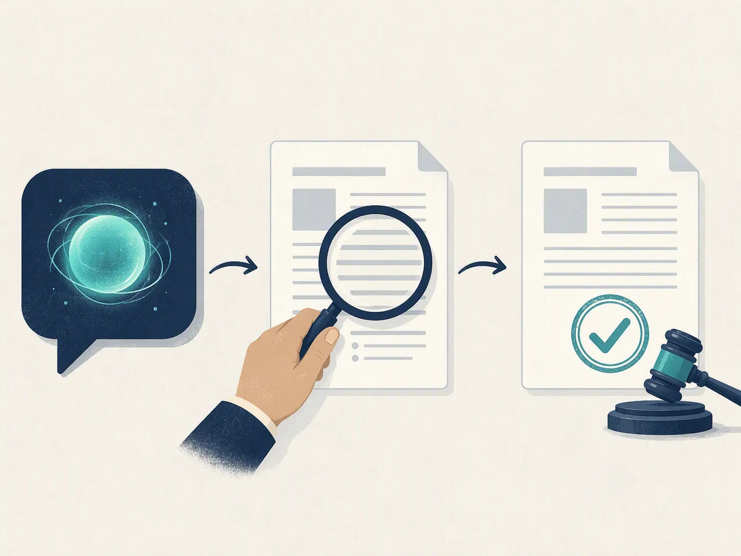 Three-step AI legal workflow from chatbot output to human review to final stamped document