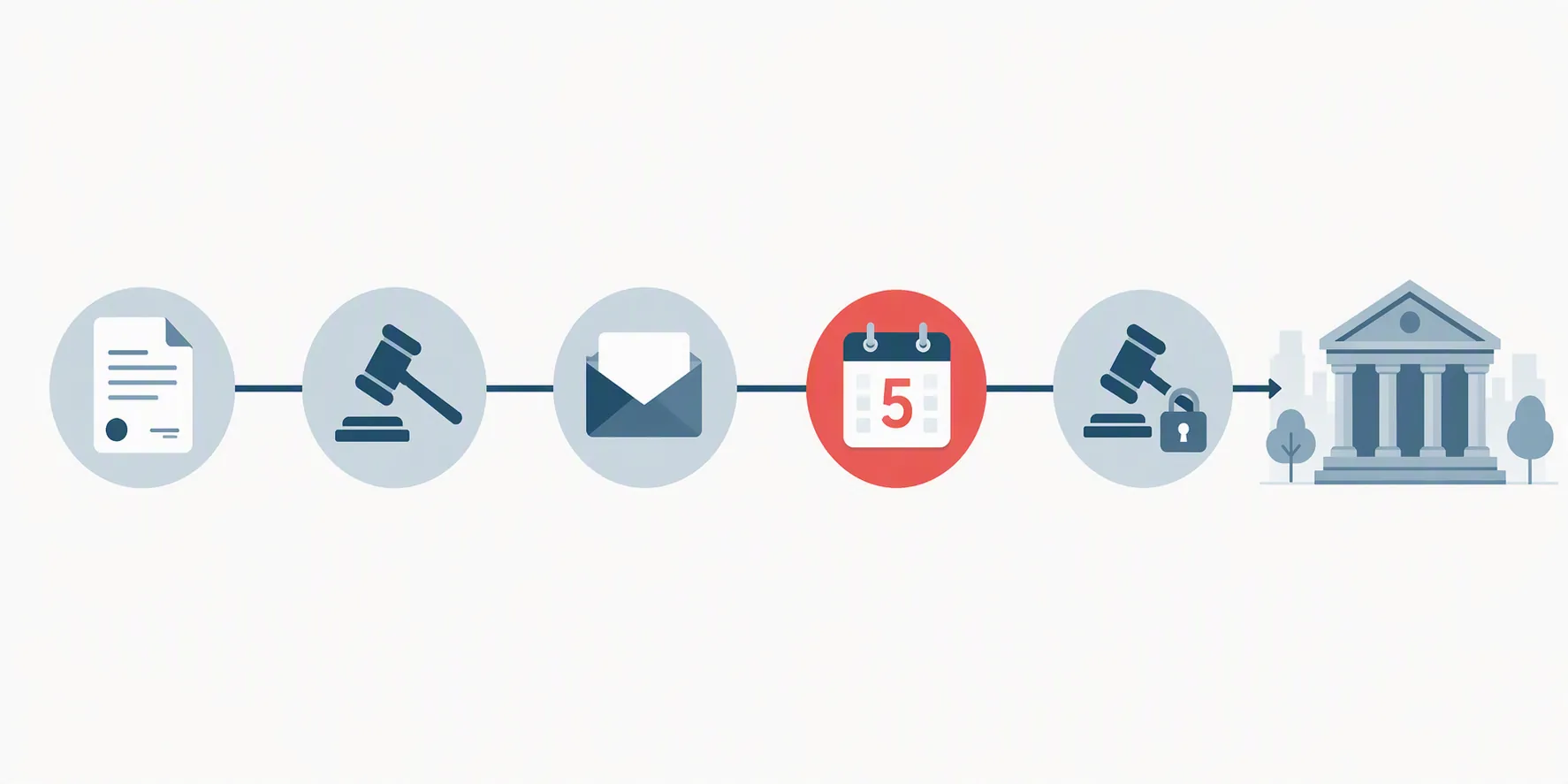 Timeline from filing to judge assignment, service, five-day appearance, and court control