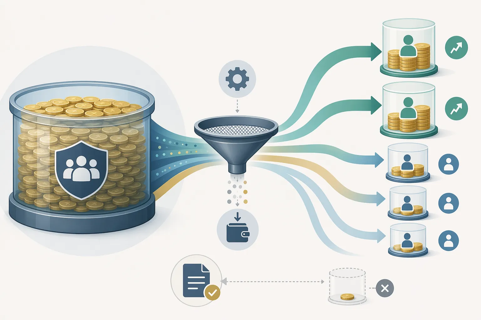 Diagram showing a settlement fund divided proportionally into different-sized individual payment containers