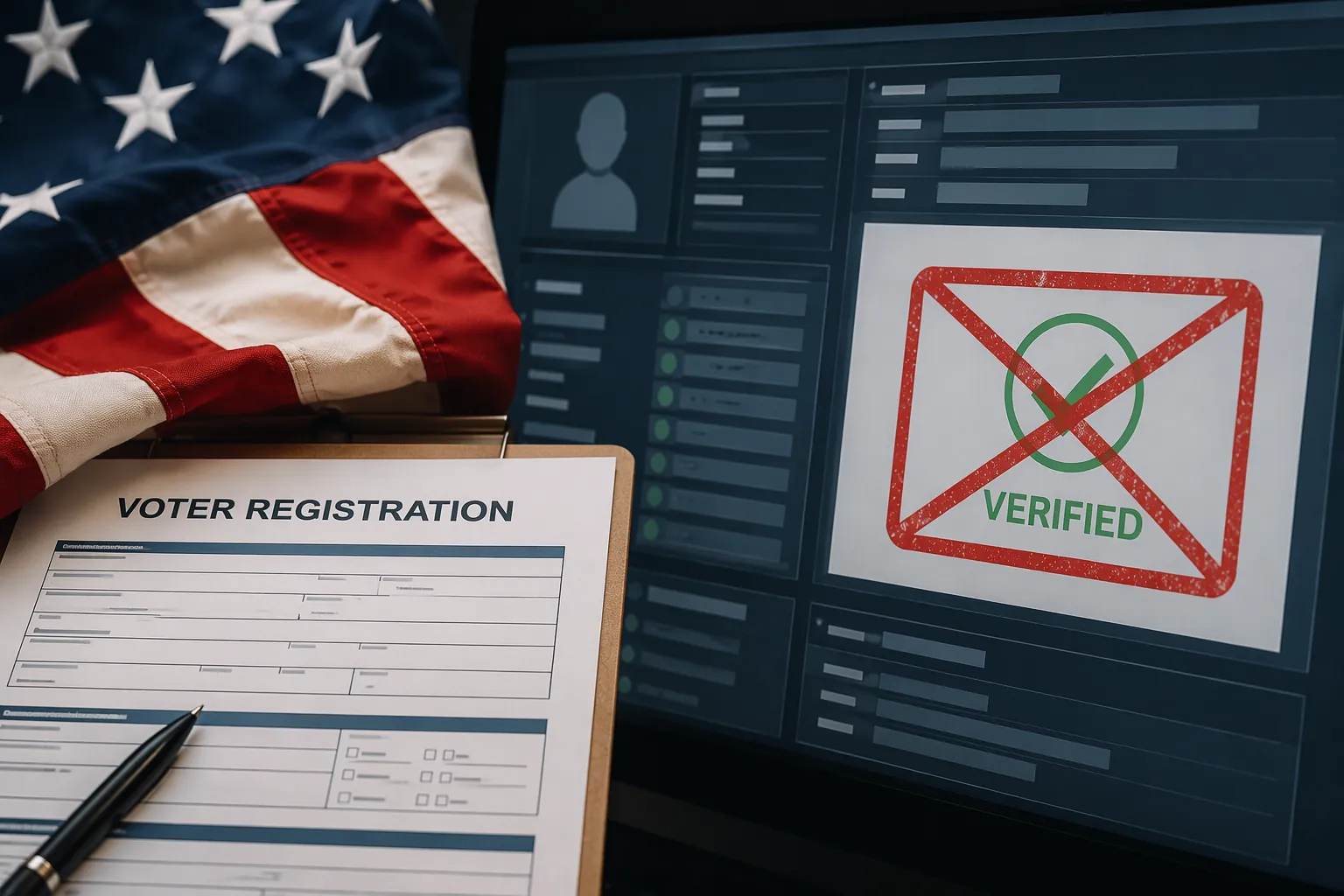 Voter registration form and American flag overlapping a database interface, with a verified indicator crossed by a rejection stamp