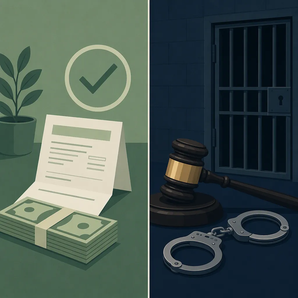 Comparison illustration showing an administrative fine notice on one side and criminal court symbols on the other