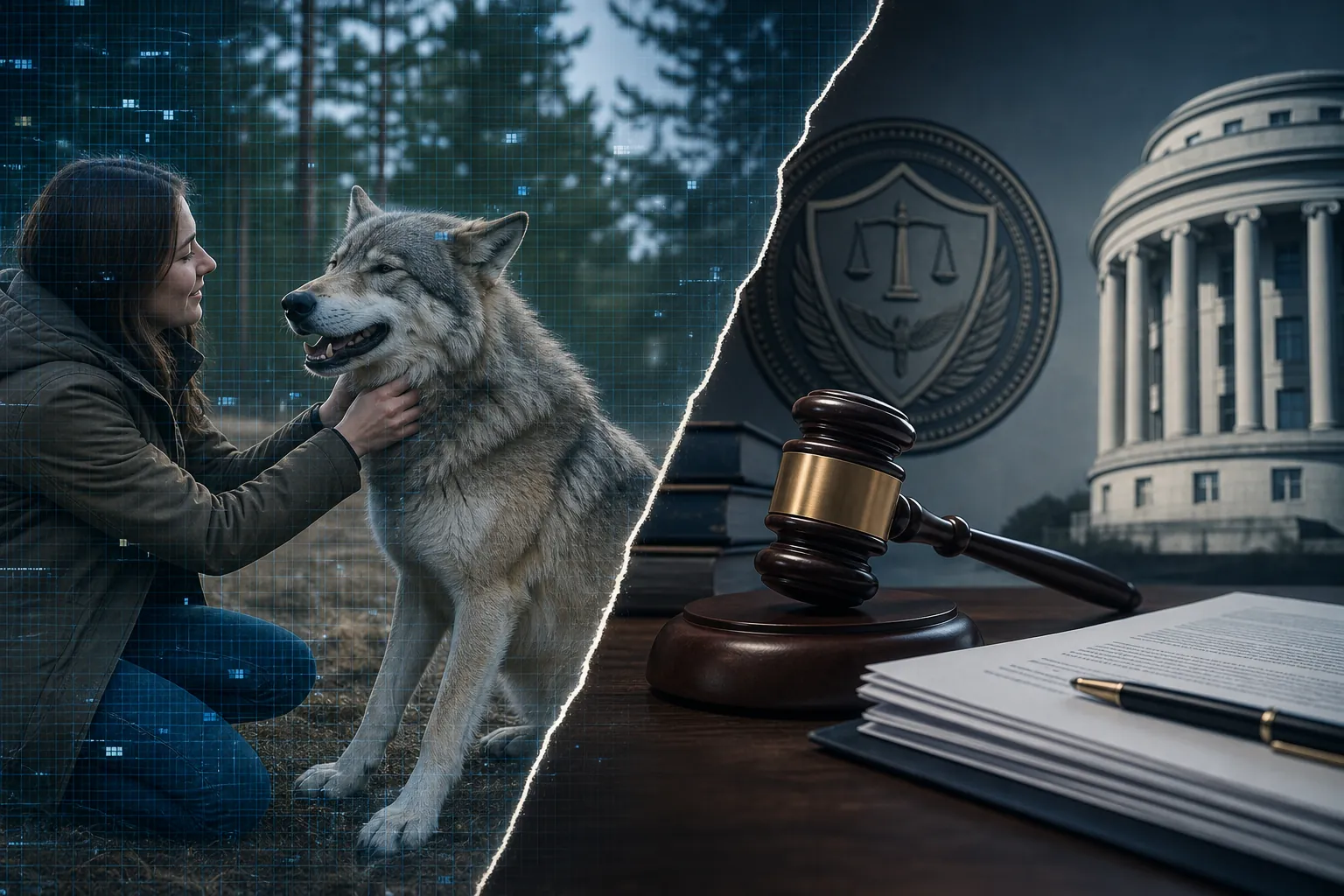 AI-generated wildlife scene split against legal documents and a government building