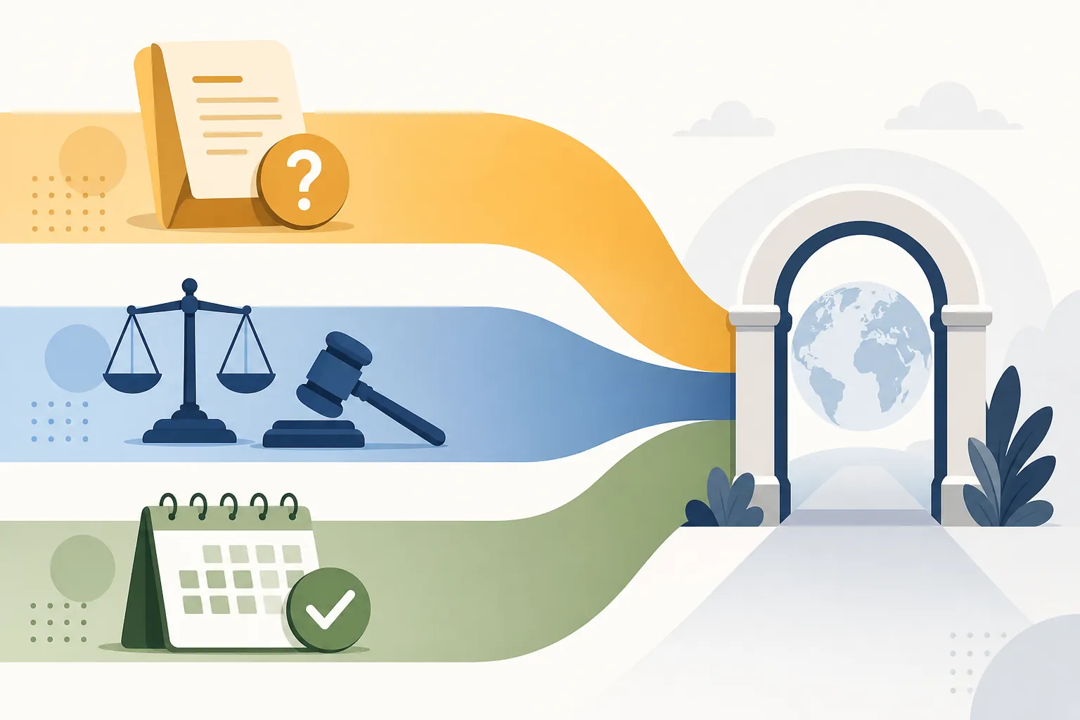 Three color-coded regulatory tracks converging toward a gateway, showing reported, litigated, and binding statuses