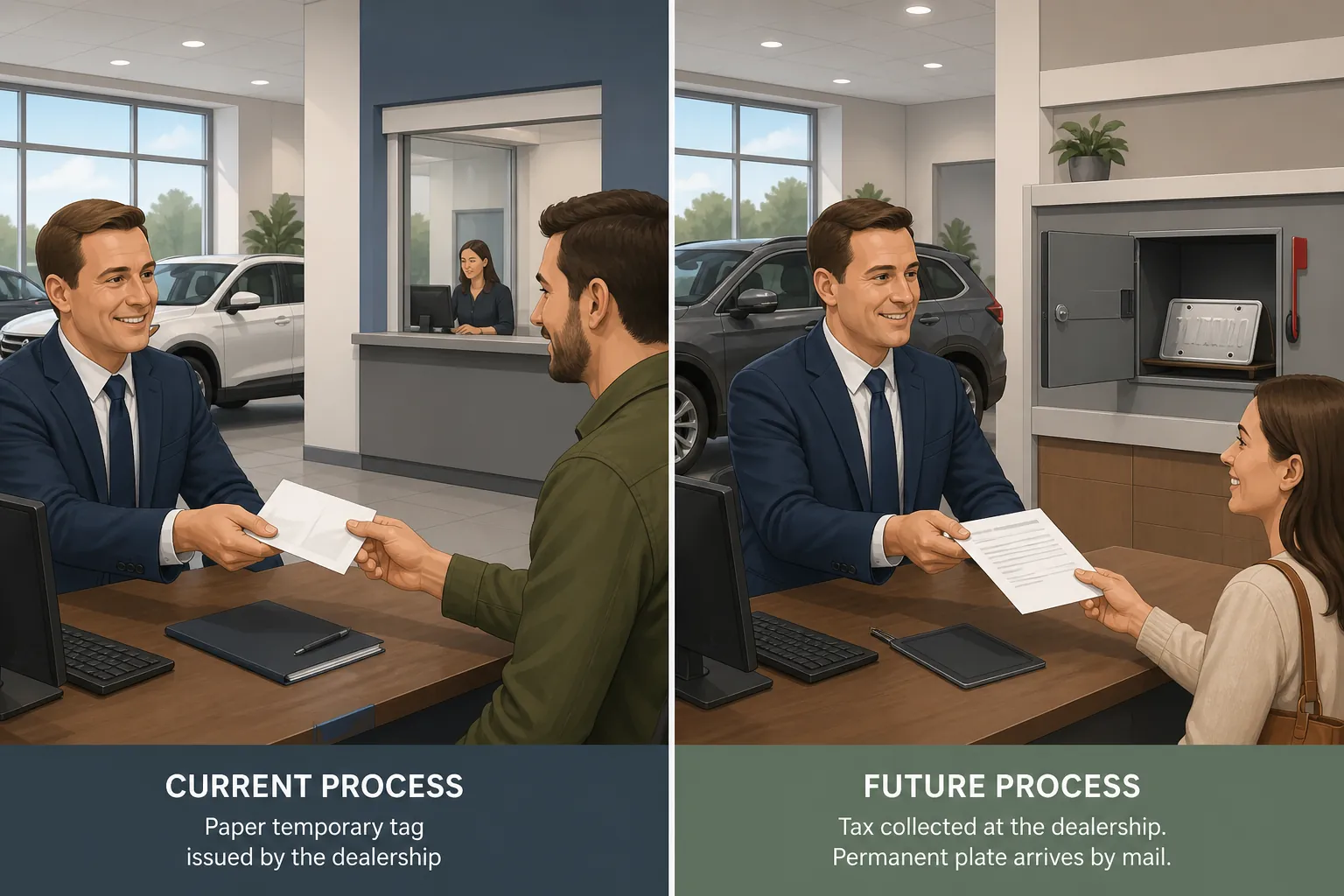 Comparison of the current dealership paper temporary tag process and the post-FUSION process with a mailed metal plate