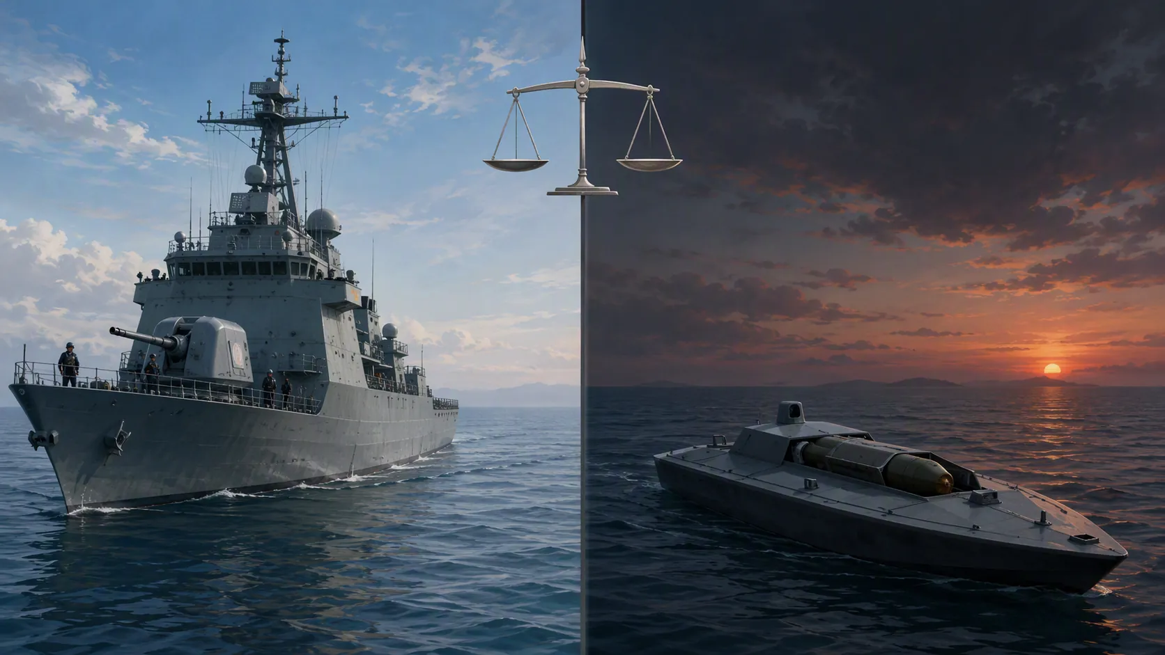 Crewed naval warship contrasted with an expendable unmanned surface vessel under a balance-scale motif