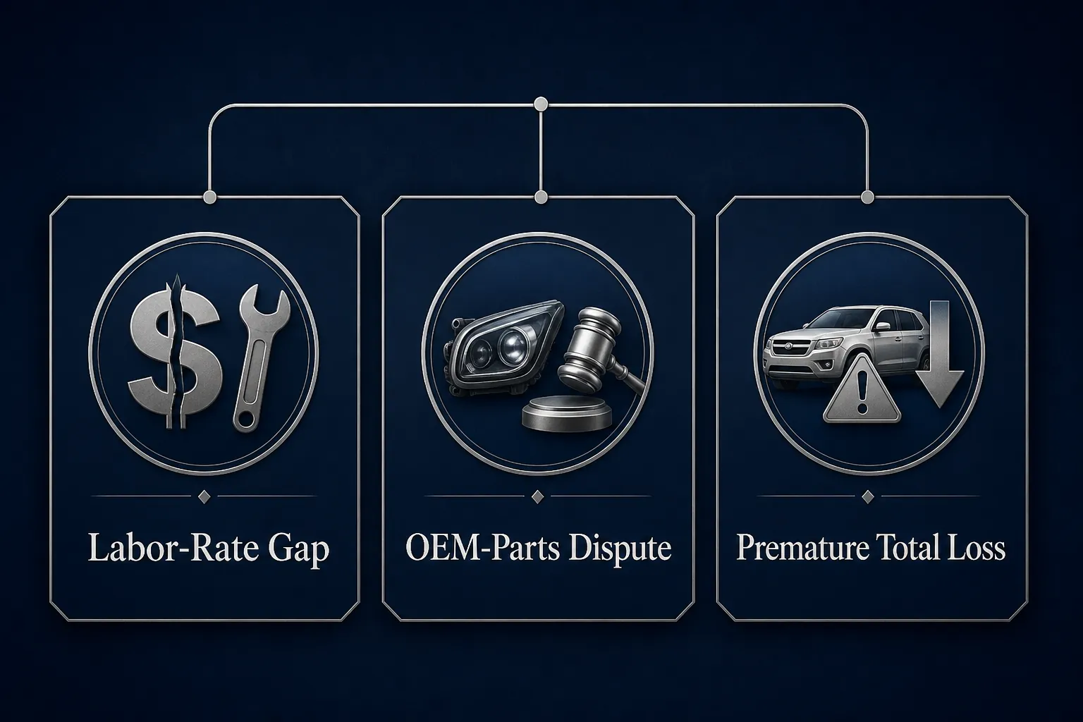 Three Tesla insurance repair claim archetypes: labor-rate gap, OEM-parts dispute, and premature total loss