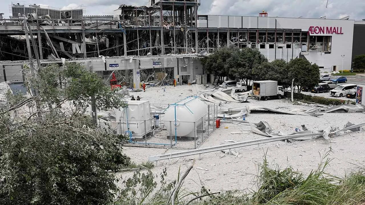 Blast-damaged Aeon Mall Kumamoto building after the July 2026 explosion