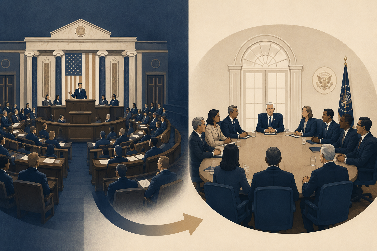 Editorial illustration comparing impeachment initiated by Congress with Section 4 initiated by the vice president and Cabinet inside the executive branch