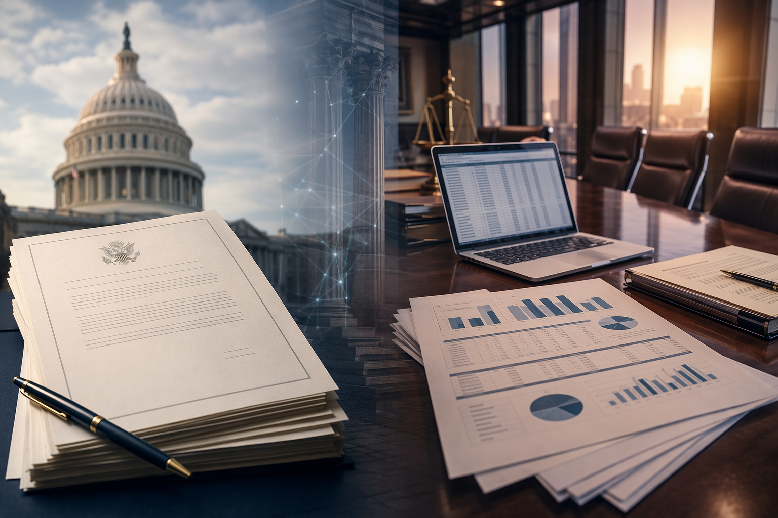 Legislative documents linked to law firm financial planning at a conference table