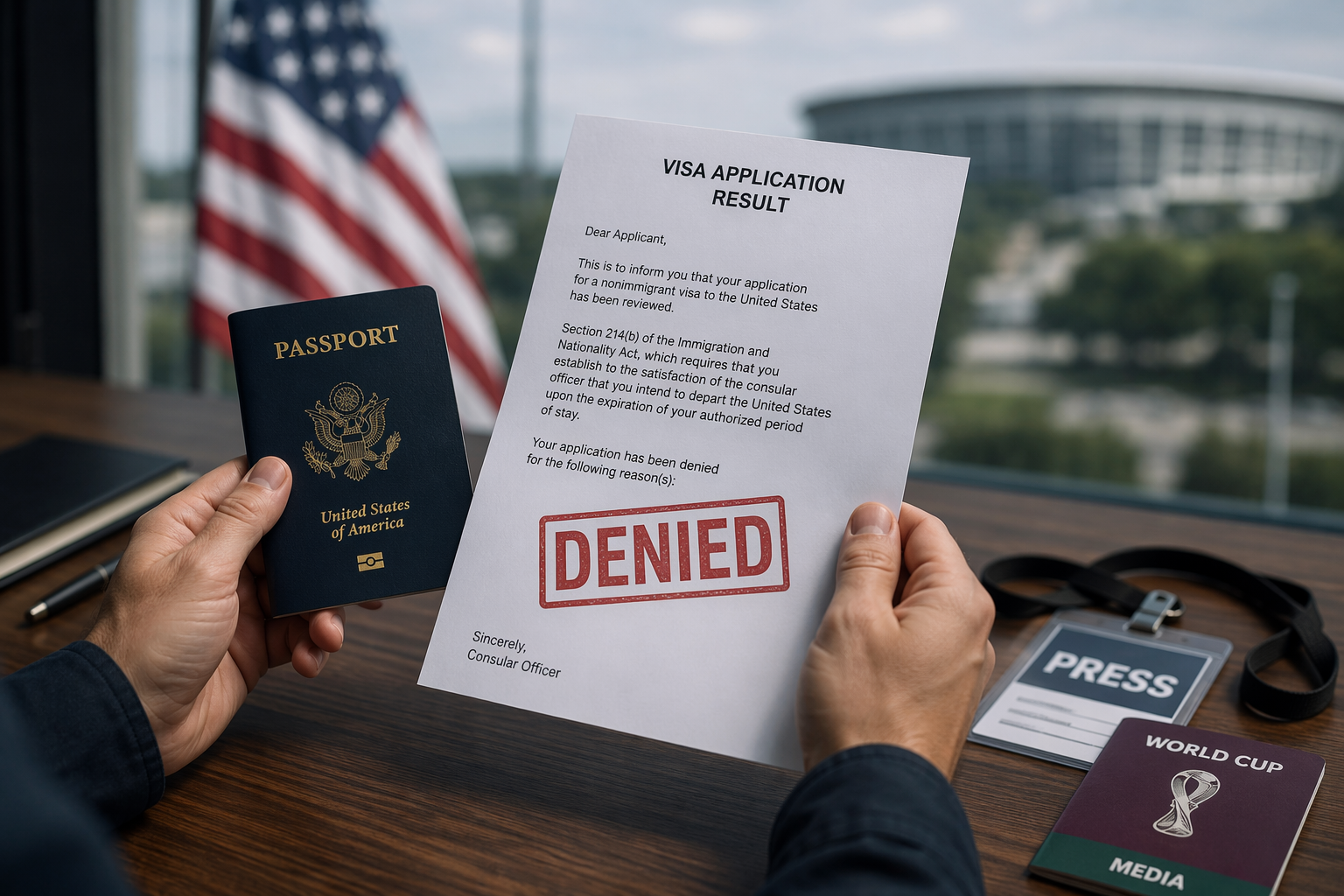A journalist holding a passport and visa denial letter beside a press badge and World Cup credential