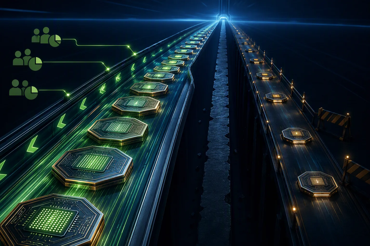 Conceptual illustration of a two-tier compute-access market with a faster equity-backed GPU pipeline and a slower non-investee path