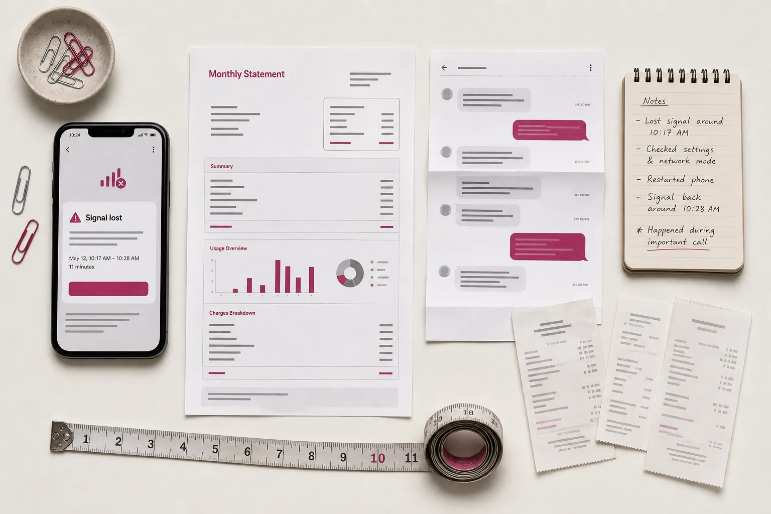 Evidence items for an outage claim including a phone signal alert, monthly bill, chat transcript, notes, and receipts
