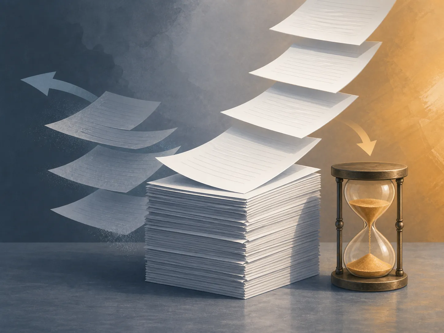 Contract pages being replaced beside an hourglass