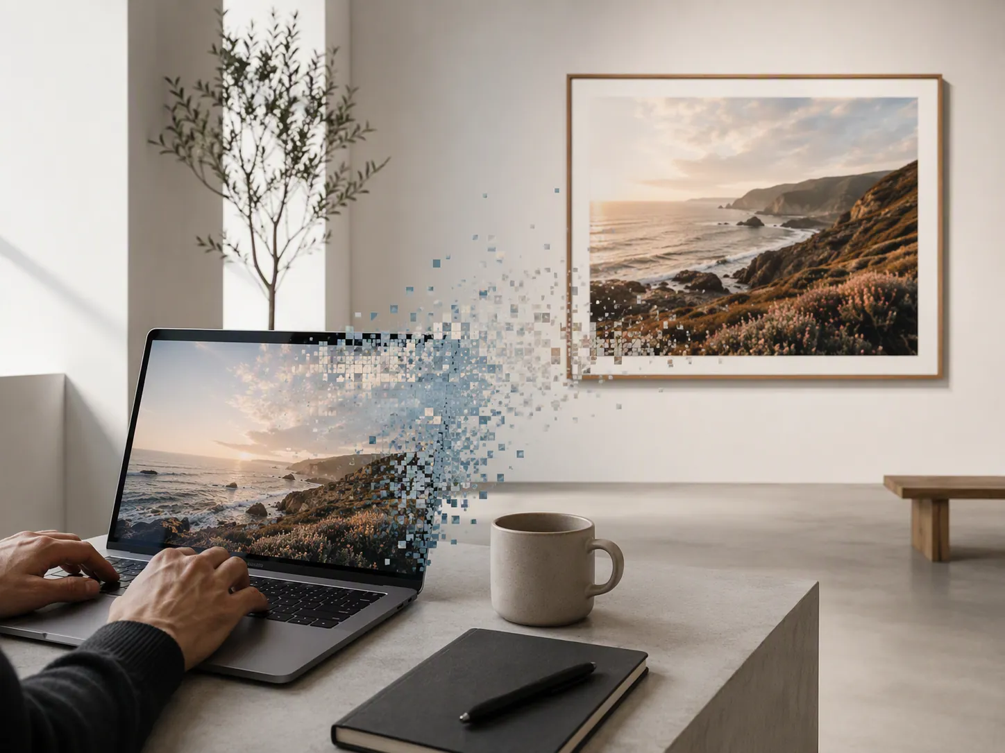 Hands typing an image prompt at a laptop while a generated landscape appears on screen and as a framed gallery print