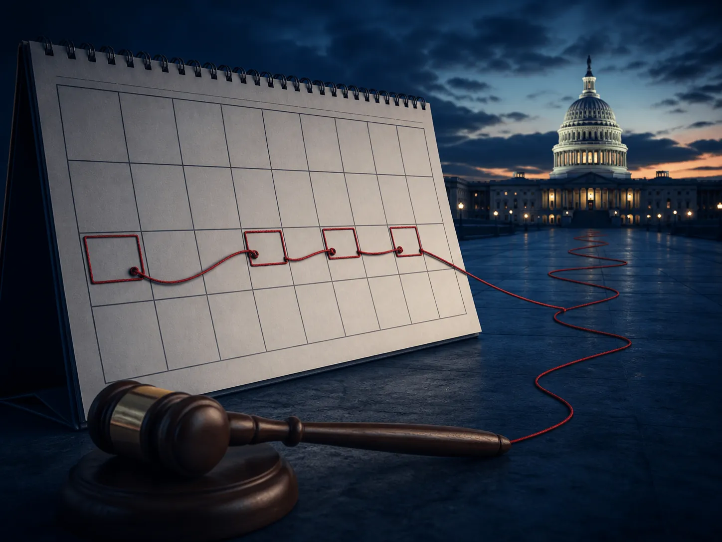 Wall calendar with red-highlighted dates connected by thread toward a distant capitol, showing political confirmation pressure points