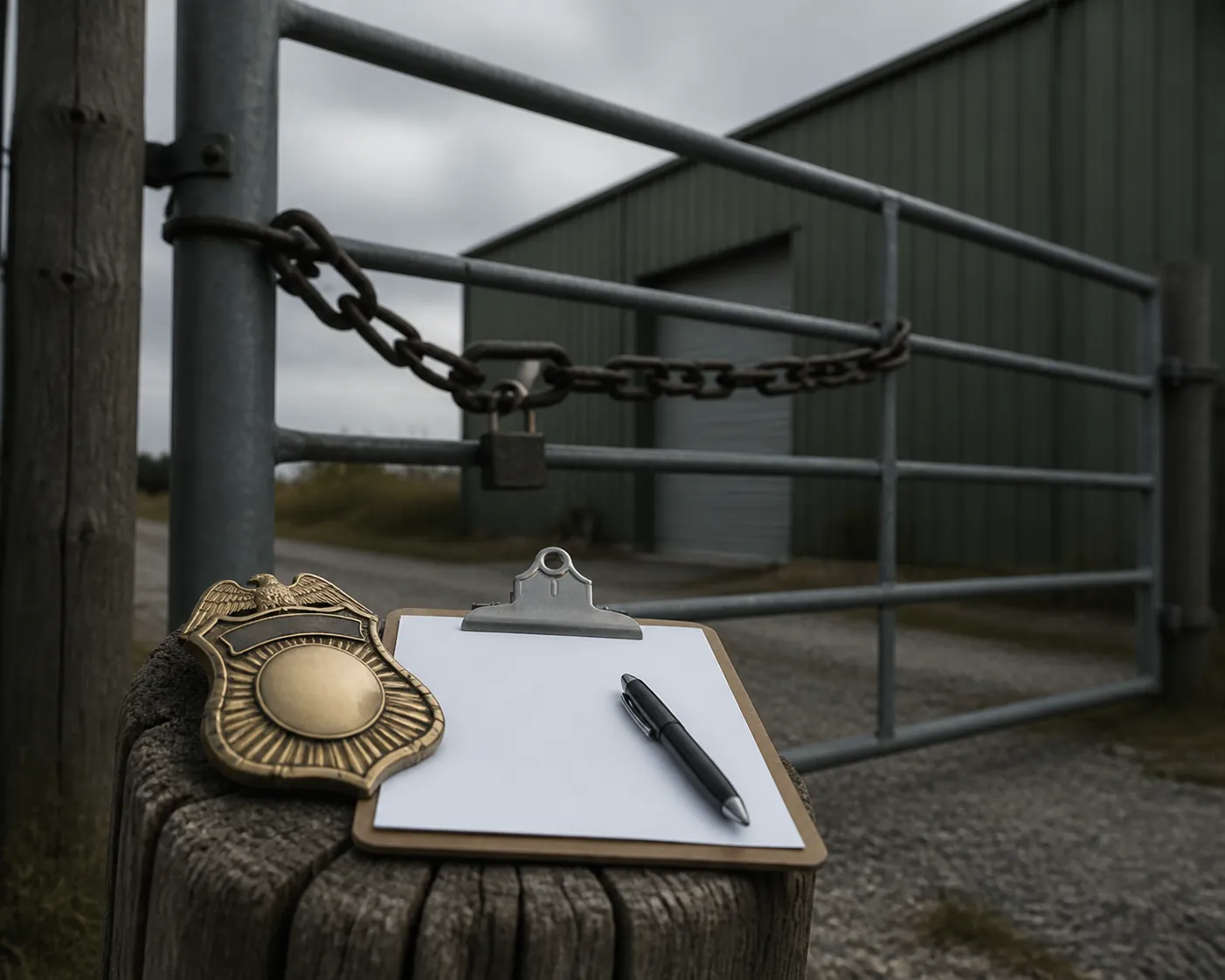Closed chained gate with an inspector badge and clipboard on a fence post