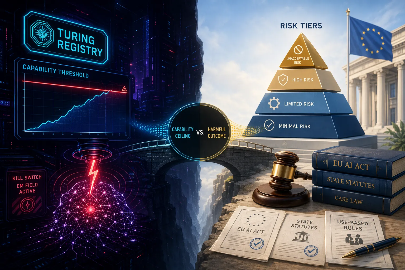 Split-frame illustration contrasting a cyberpunk Turing Registry capability threshold with modern AI Act and state-law risk tiers