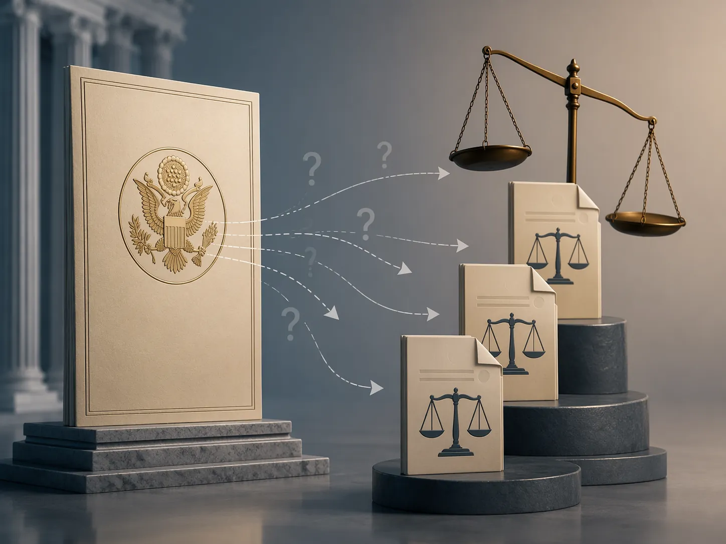 Supreme Court document connected by arrows to lawsuit documents under an uneven scale of justice