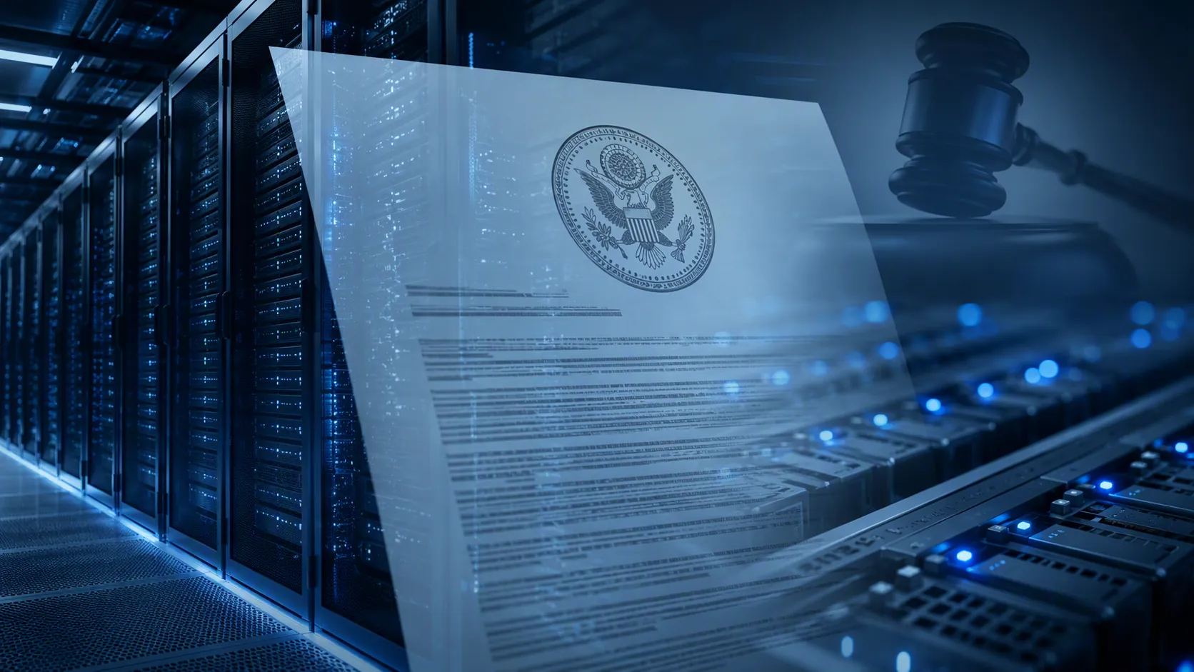 Legal document with government seal over glowing server racks and hard drives