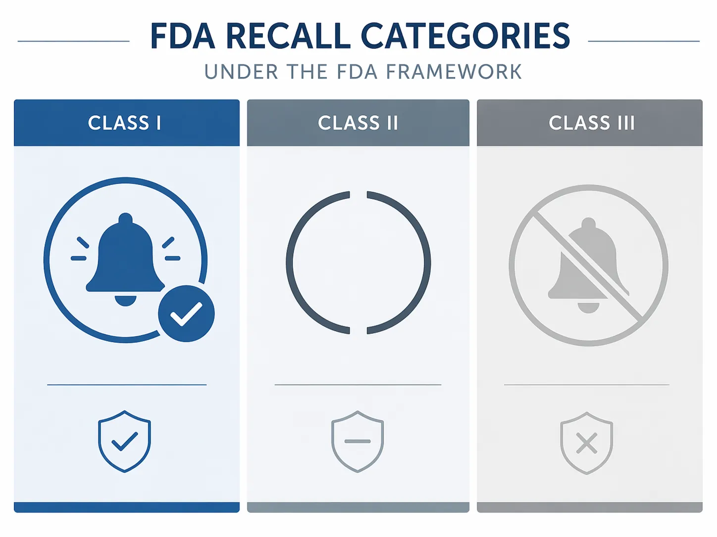 Editorial infographic comparing FDA Class I, Class II, and Class III recall categories with a notification gap shown under Class II