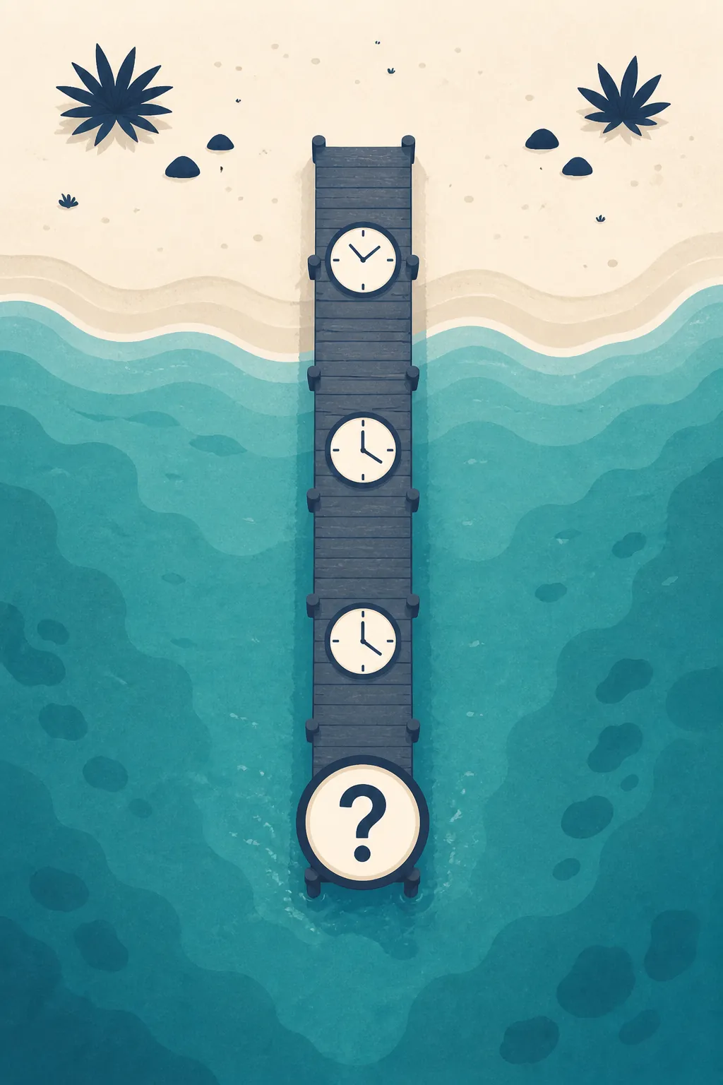 Illustration of a jetty timeline with clock icons and a question mark at open water
