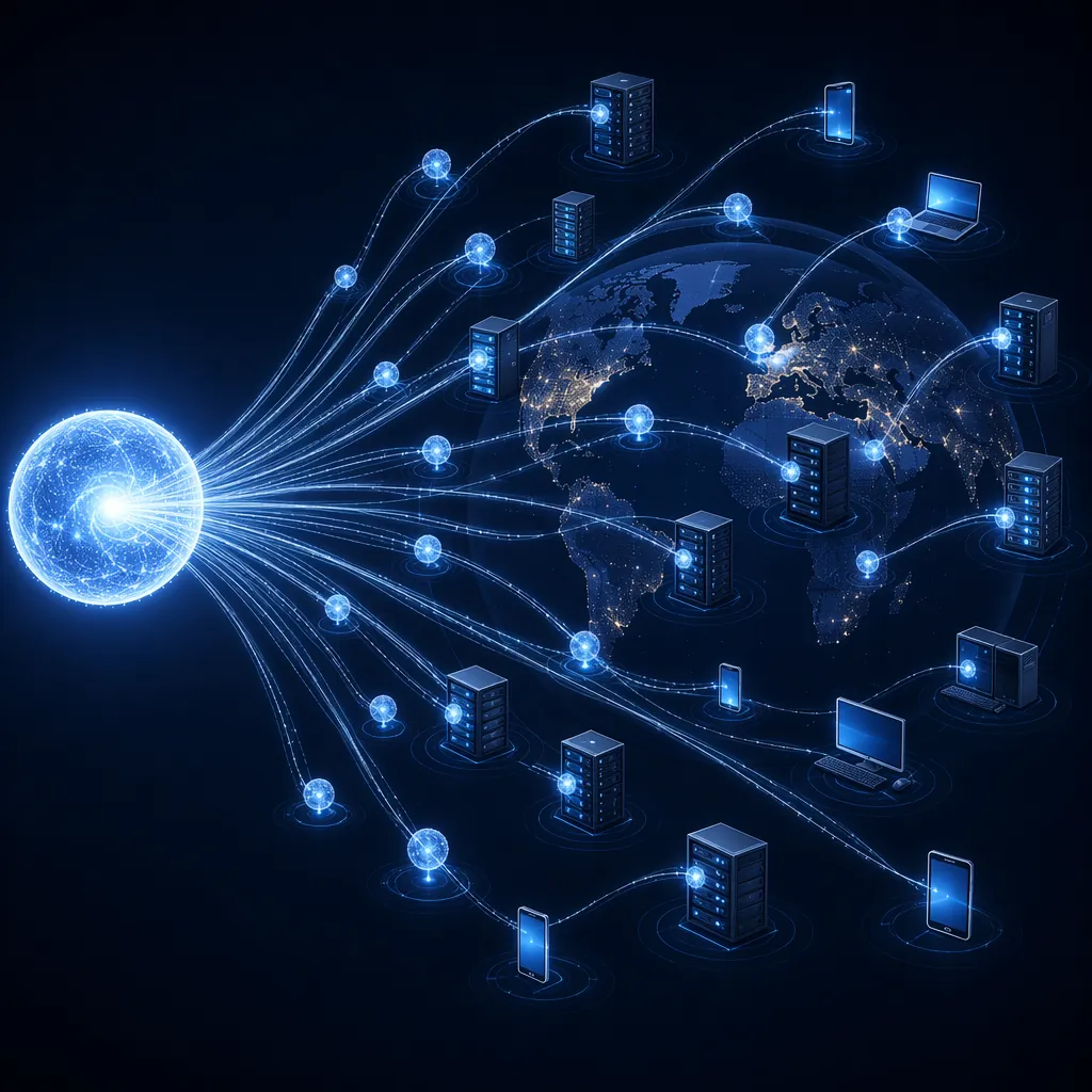 A glowing orb sending many connected fragments across a worldwide network of servers and devices